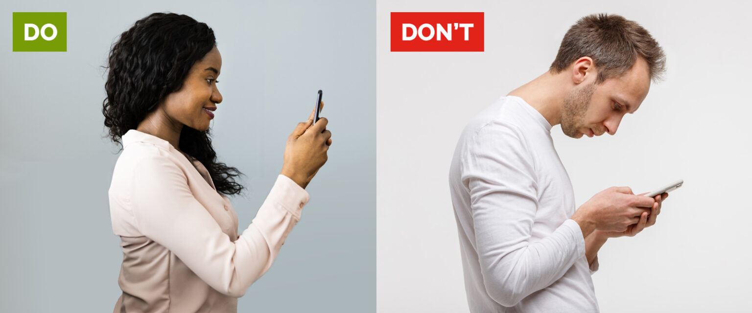 image of correct posture on left and wrong posture (bent over) on the right